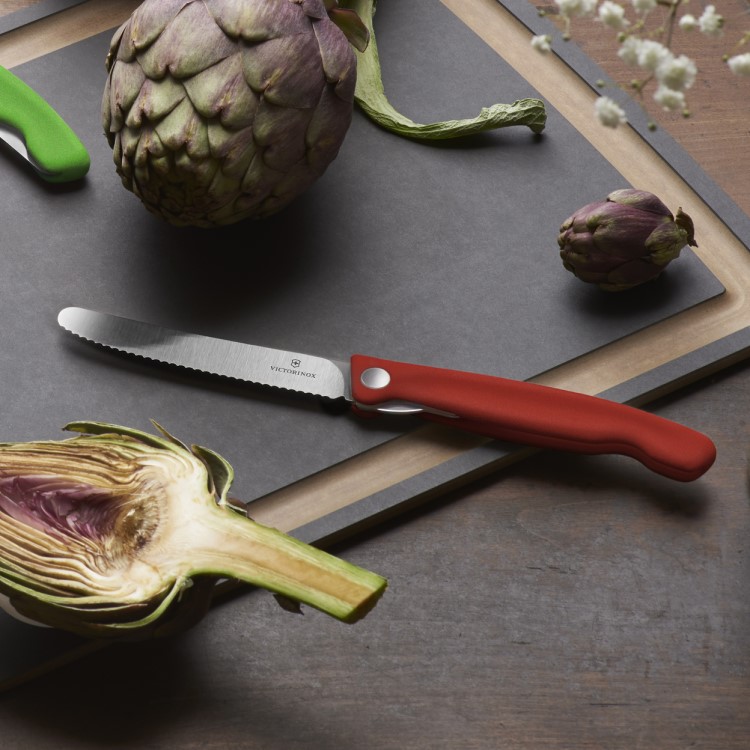 Kokoontaitettava piknikveitsi sahalaitaterällä, Punainen