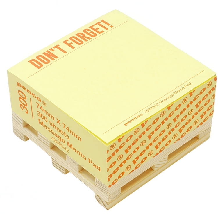 Muistilappukuutio pienellä puulavalla, PENCO DON'T FORGET, 7,4 x 7,4 cm, keltainen