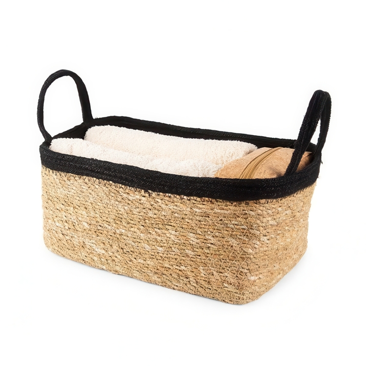 Säilytyskori merilevästä ja juutista, MEDIUM PANIER DE RANGEMENT, 29 x 20 x K 15 cm, Luonnonvärinen / Musta