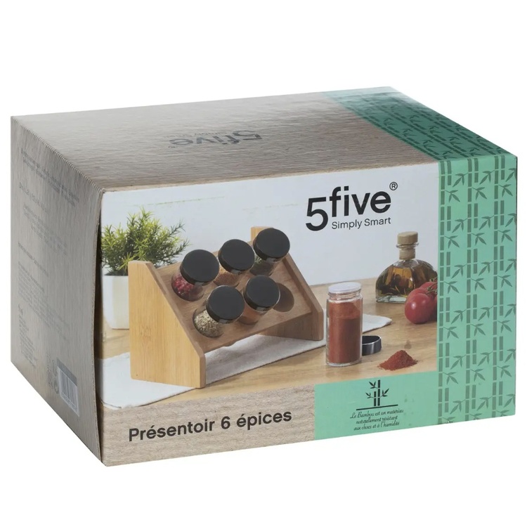 Bambuinen maustehylly ja 6 lasipurkkia, BAMBOO SPICE RACK, Luonnonvärinen