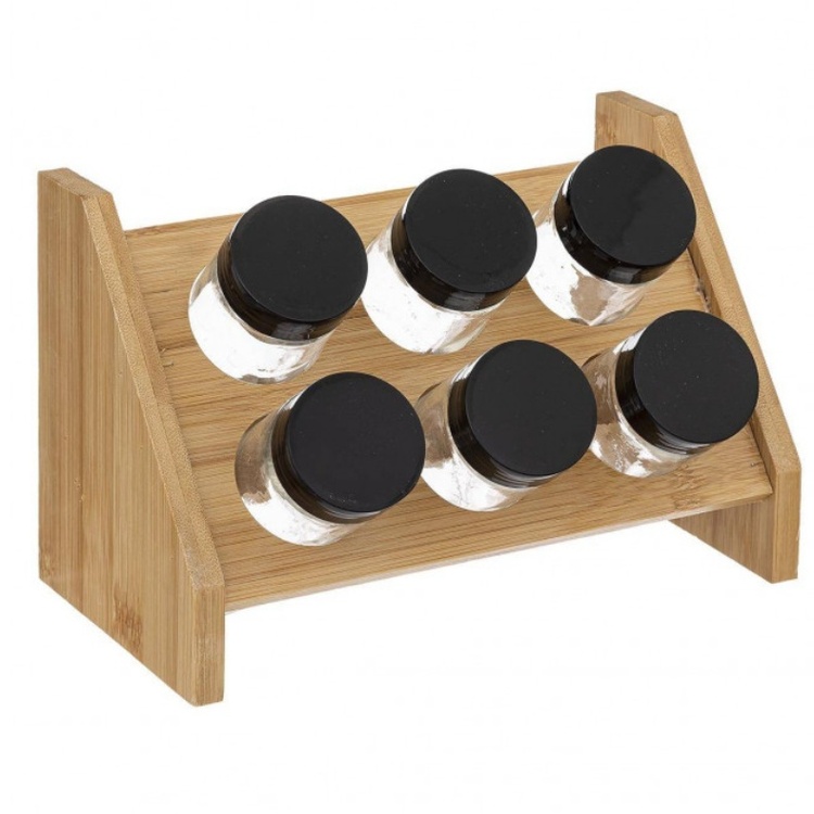 Bambuinen maustehylly ja 6 lasipurkkia, BAMBOO SPICE RACK, Luonnonvärinen