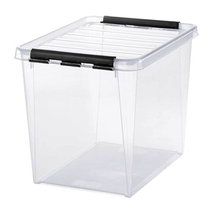 Korkea säilytyslaatikko kannella 25 l, SmartStore, kirkas/musta
