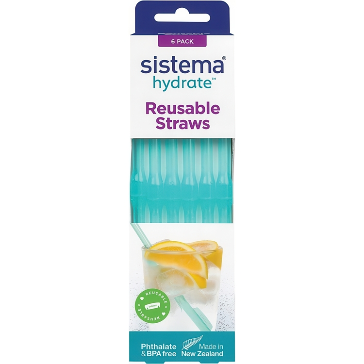 Uudelleenkäytettävät, helposti puhdistettavat pillit, SISTEMA HYDRATE REUSABLE, 6 pilliä, Turkoosi