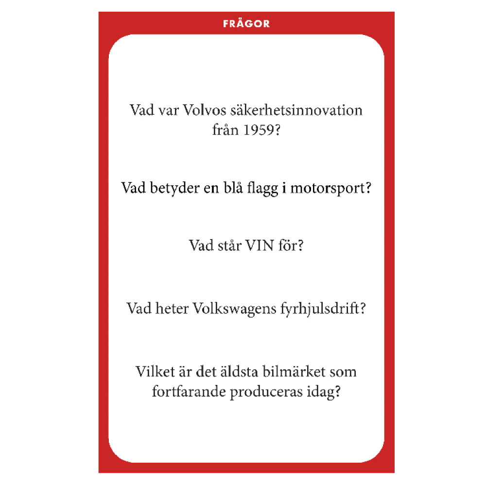 Autotietovisa ryhmässä Vapaa-aika / Pelit & leikit / Seurapelit @ SmartaSaker.se (14837)