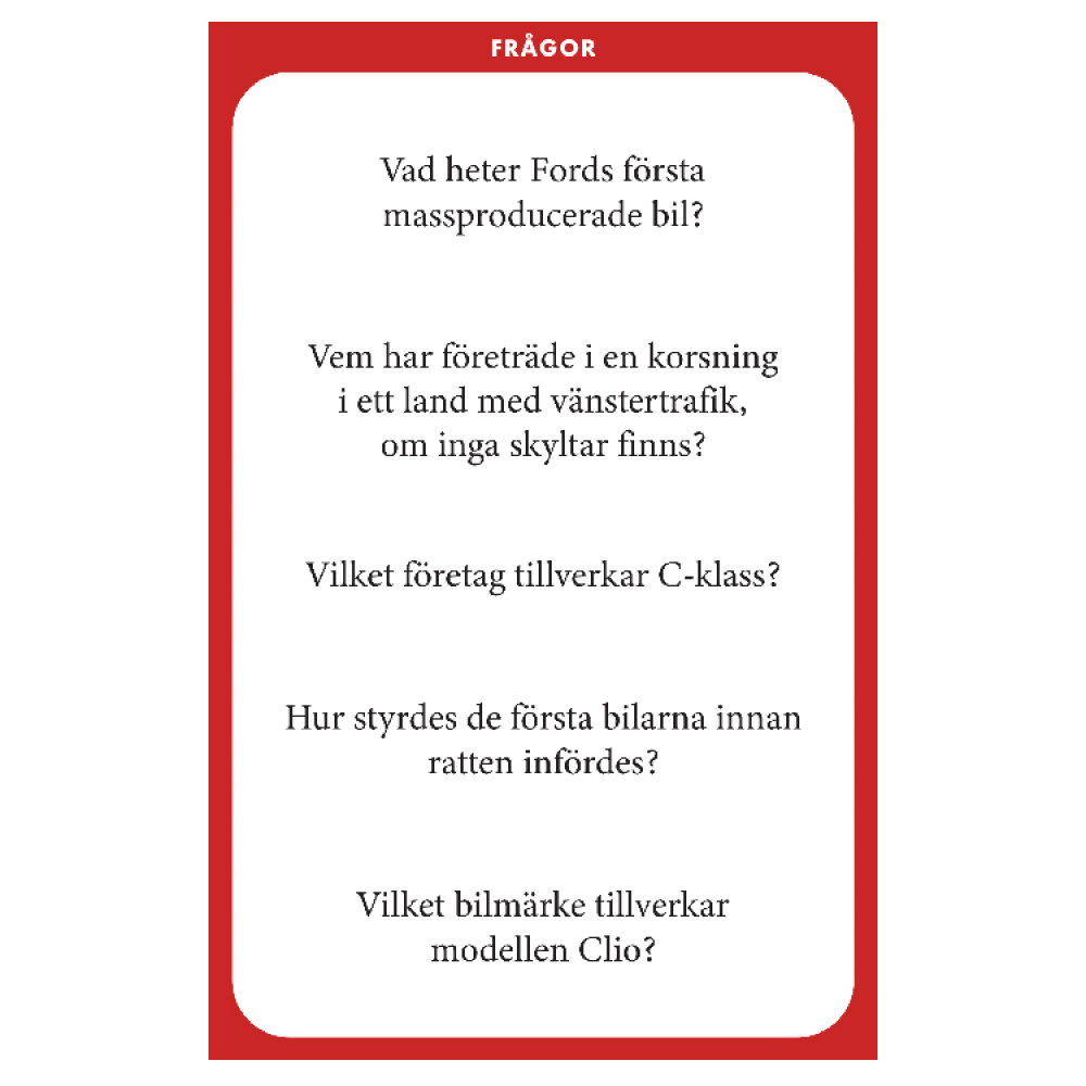 Autotietovisa ryhmässä Vapaa-aika / Pelit & leikit / Seurapelit @ SmartaSaker.se (14837)