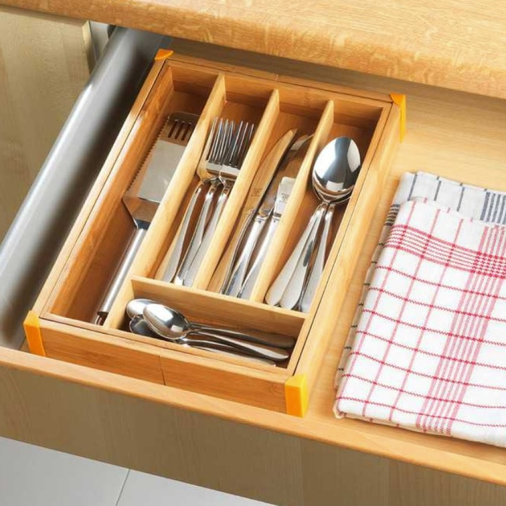 Säädettävä aterinlaatikko bambua 25,7–38,5 cm ryhmässä Säilytys / Keittiön säilytys / Järjestä keittiökaapit / Välinepakkaukset @ SmartaSaker.se (40105)