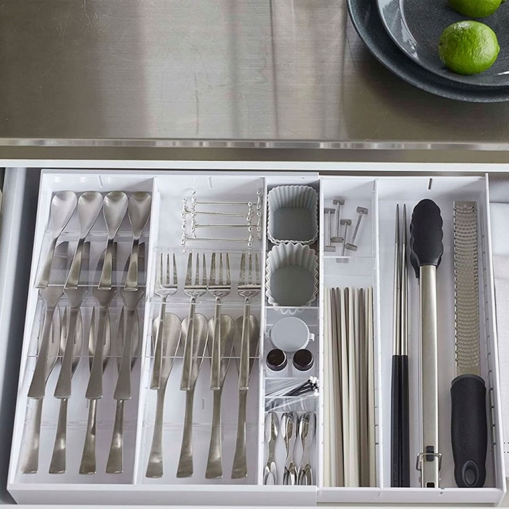 Aterinlaatikko, säädettävä, TOWER CUTLERY CASE, Yamazaki, 35 x 30–47,5 x K 5,5 cm ryhmässä Säilytys / Keittiön säilytys / Järjestä keittiökaapit / Välinepakkaukset @ SmartaSaker.se (40125)