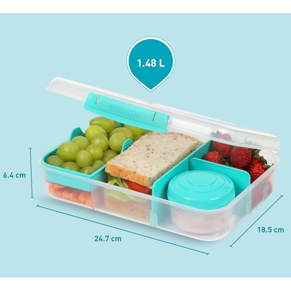 Bento-eväsrasia lokeroilla ja purkilla 1,48 l, Sistema ryhmässä Säilytys / Keittiön säilytys / Ruoan säilytysastiat / Lounaslaatikoita ja Bento @ SmartaSaker.se (42129)